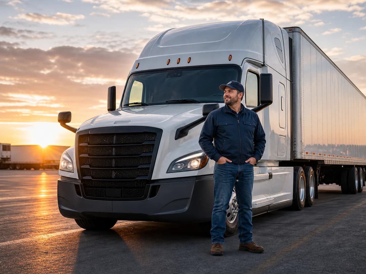 Professional CDL driver standing beside a clean semi truck at sunrise