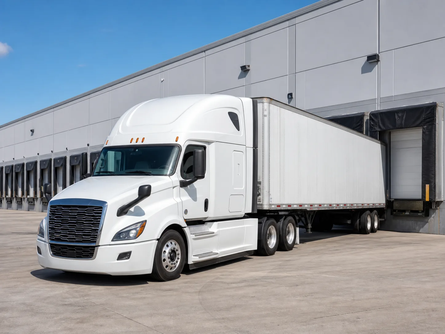 Dry van truckload equipment positioned at a warehouse dock