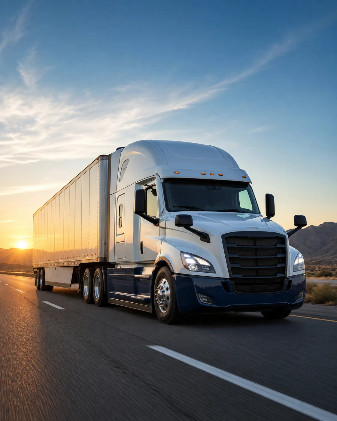 Modern semi truck and trailer running on an open highway
