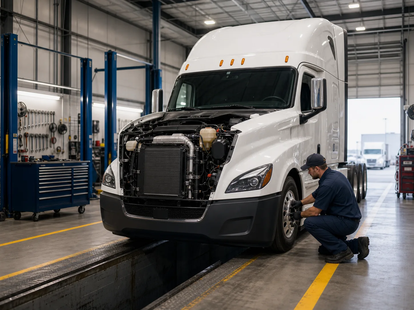 Semi truck being inspected in a clean maintenance bay